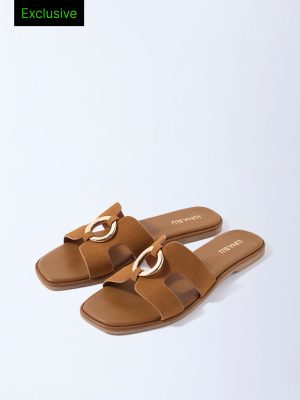 LUNA BLU Tan Hardware-Detailed Suede Slides - Exclusive