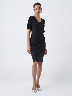 Wardrobe Black Shimmer-Detailed Straight Dress