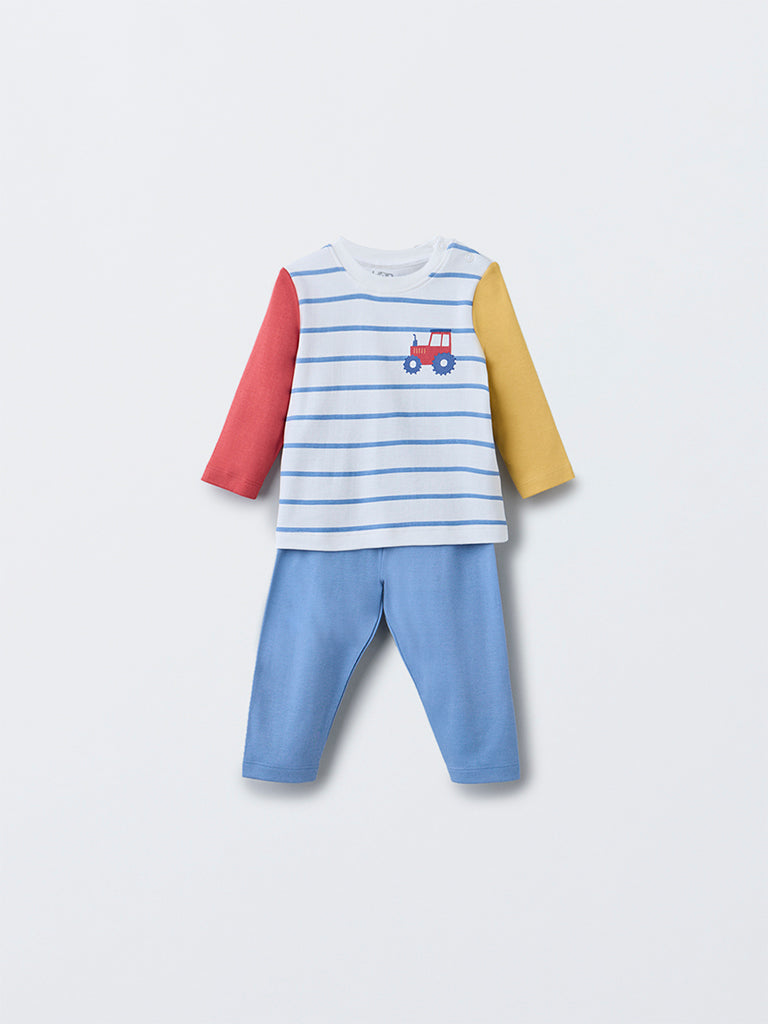 HOP Baby Multicolour Striped Cotton T-Shirt with Pants Set - Image 2