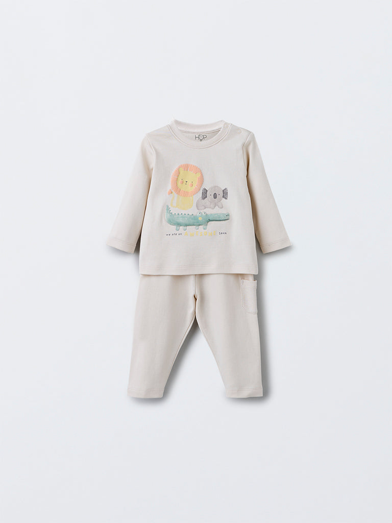 HOP Baby Beige Animal Printed Cotton T-Shirt with Pants Set - Image 2