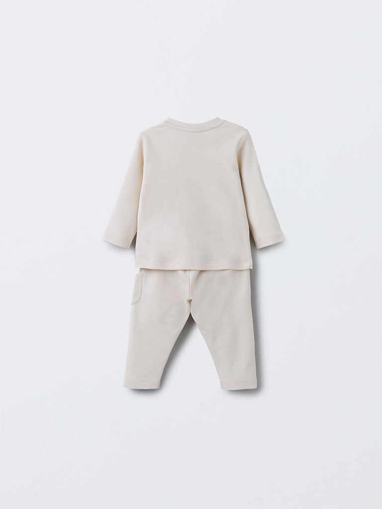 HOP Baby Beige Animal Printed Cotton T-Shirt with Pants Set - Image 3