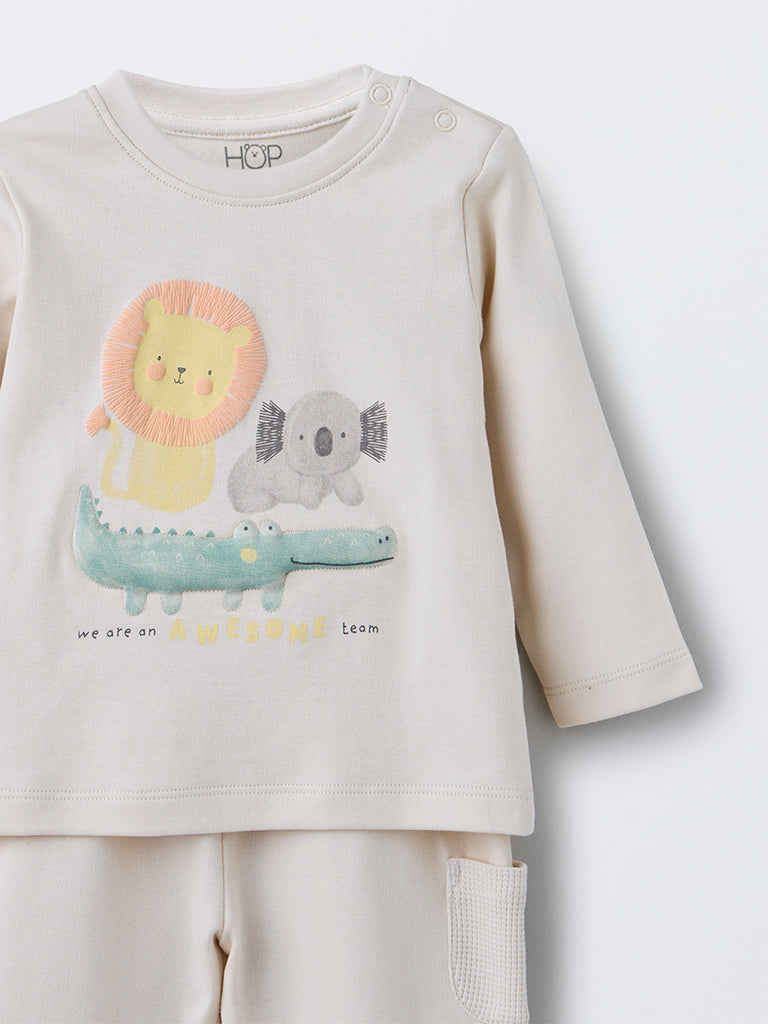 HOP Baby Beige Animal Printed Cotton T-Shirt with Pants Set - Image 4