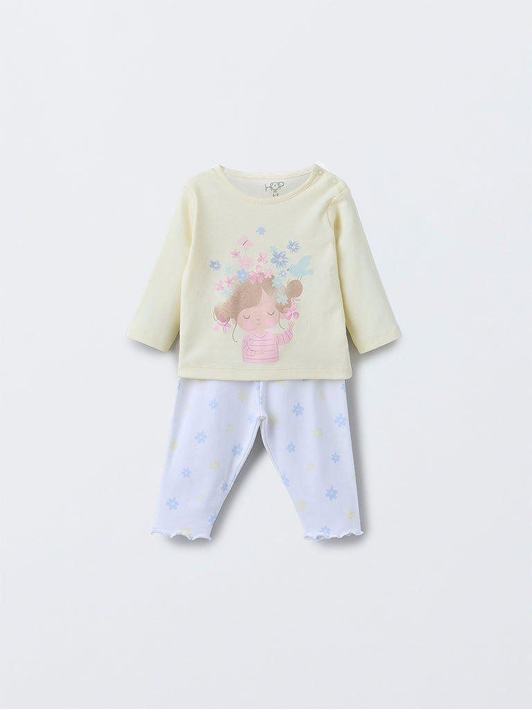 HOP Baby Yellow Printed Cotton T-Shirt with Pants Set - Image 2