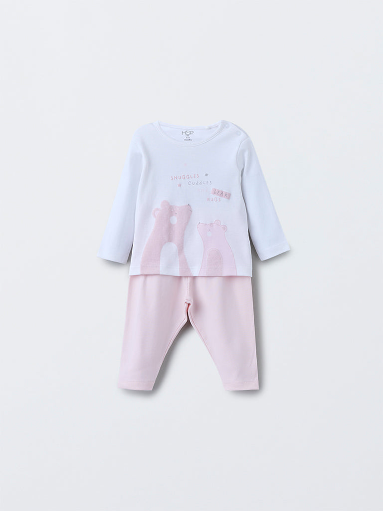 HOP Baby Pink Animal Pattern Cotton T-Shirt with Pants Set - Image 2