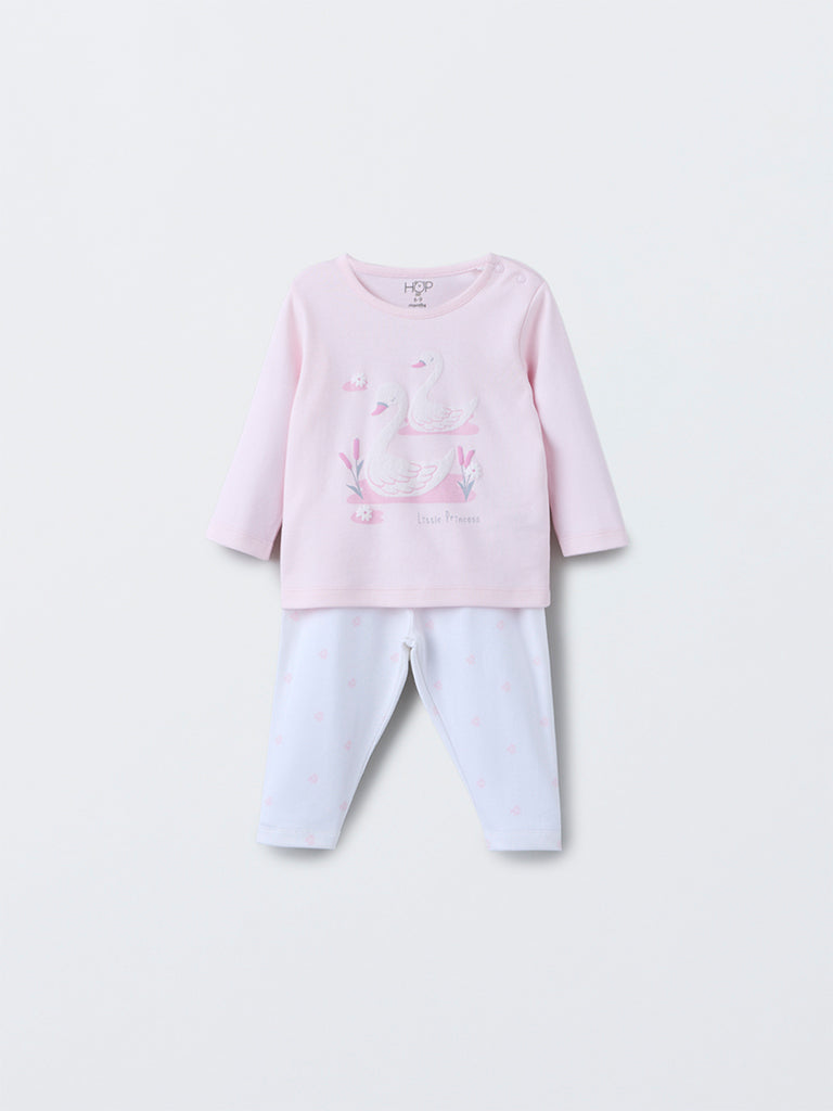 HOP Baby Pink Swan Design Cotton T-Shirt with Pants Set - Image 2