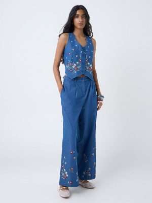 Bombay Paisley Blue Embroidered High-Rise Denim Pants