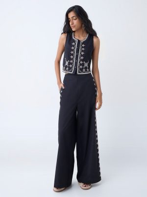 Bombay Paisley Black Embroidered Cotton Pants
