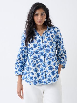 Gia Off-White Floral Printed Cotton Shirt