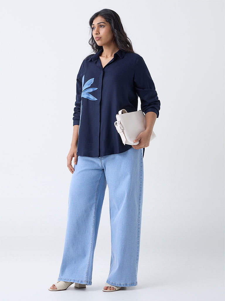 Gia Navy Floral Embroidered Shirt