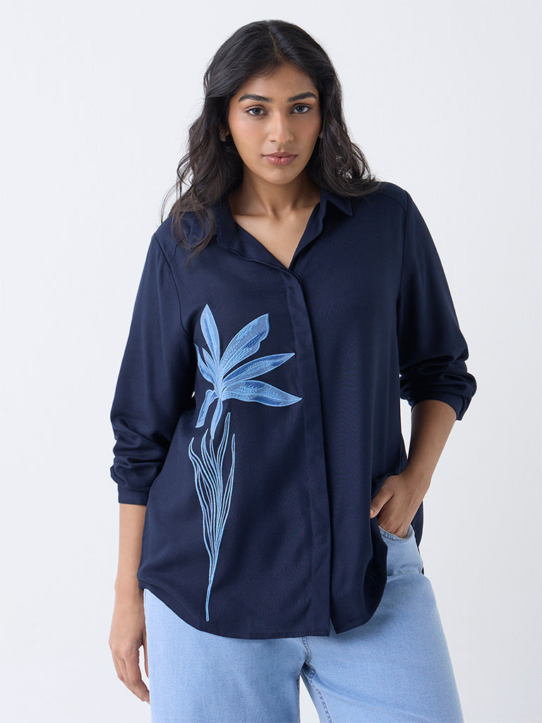 Gia Navy Floral Embroidered Shirt - Image 2