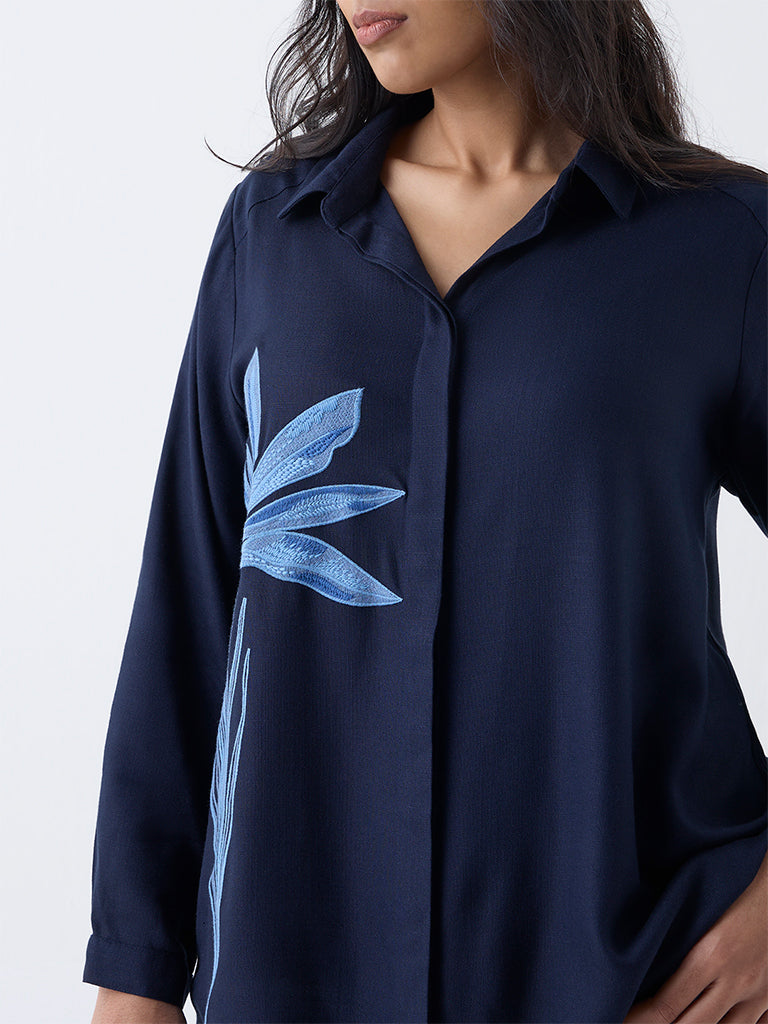 Gia Navy Floral Embroidered Shirt - Image 3