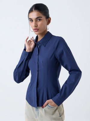 Nuon Navy Solid Cotton-Blend Shirt
