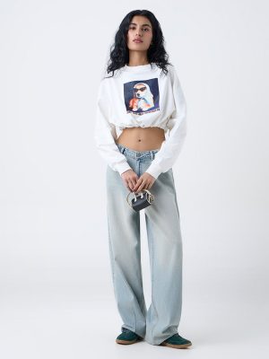 Nuon Off-White Graphic Design Crop Cotton T-Shirt