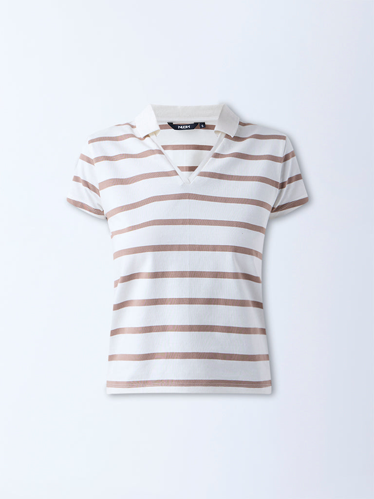 Nuon Off-White Striped Cotton-Blend T-Shirt - Image 5