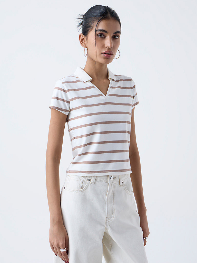 Nuon Off-White Striped Cotton-Blend T-Shirt - Image 2