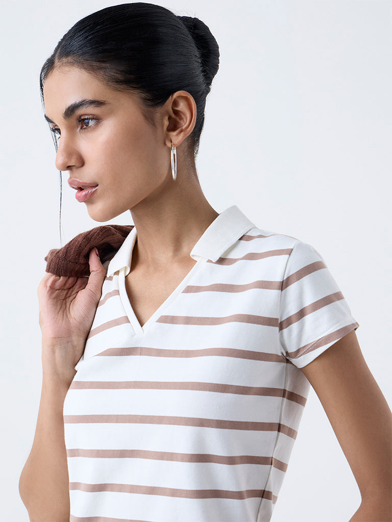 Nuon Off-White Striped Cotton-Blend T-Shirt - Image 3