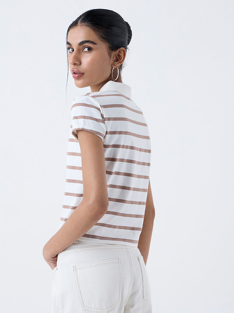 Nuon Off-White Striped Cotton-Blend T-Shirt - Image 4