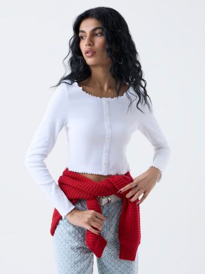 Nuon White Self-Striped Cotton-Blend Top