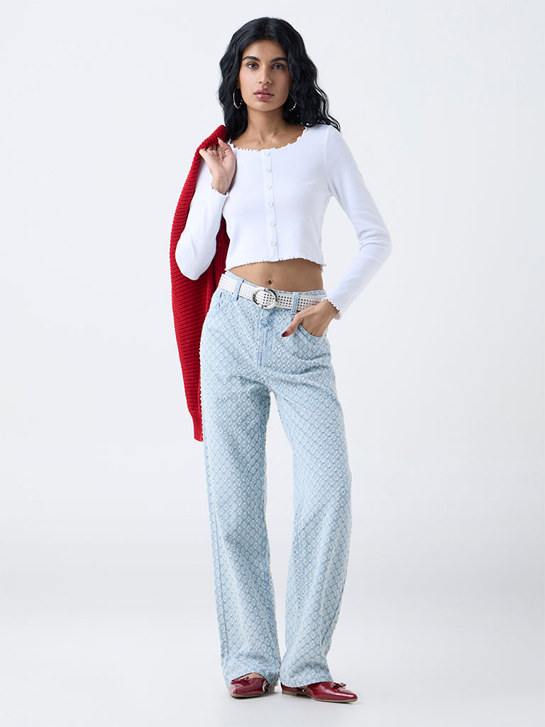 Nuon White Self-Striped Cotton-Blend Top - Image 2