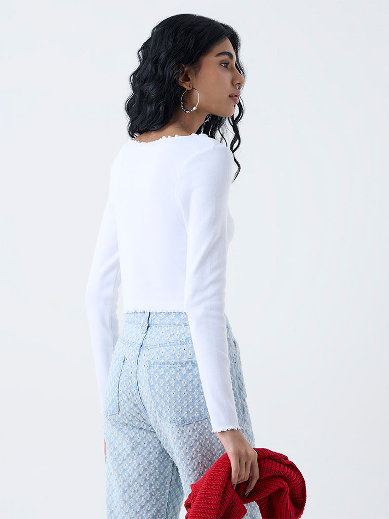 Nuon White Self-Striped Cotton-Blend Top - Image 4