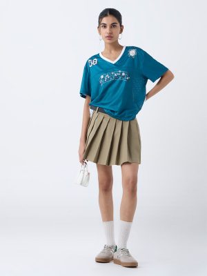 Nuon Dark Teal Printed Perforated T-Shirt