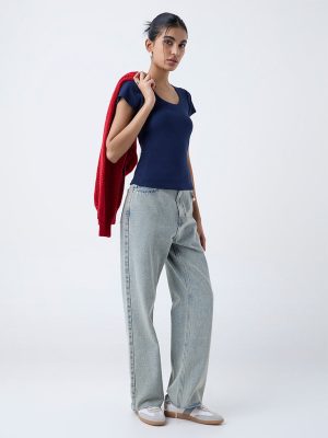 Nuon Navy Ribbed Cotton-Blend T-Shirt