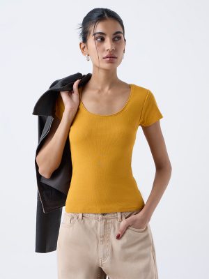 Nuon Mustard Ribbed Cotton-Blend T-Shirt