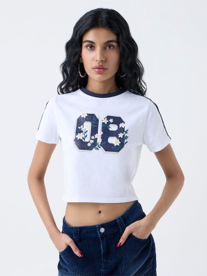 Nuon White Numerical Printed T-Shirt