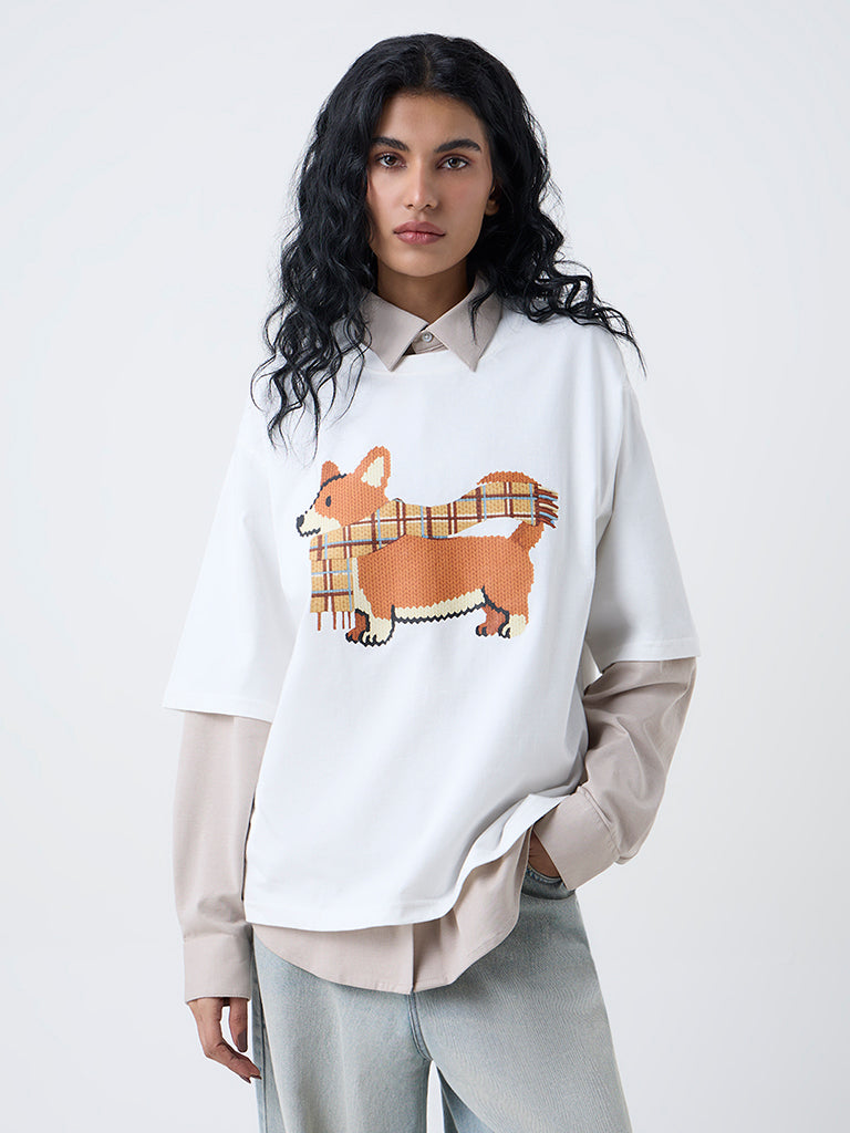 Nuon White Graphic Design Oversized Cotton T-Shirt