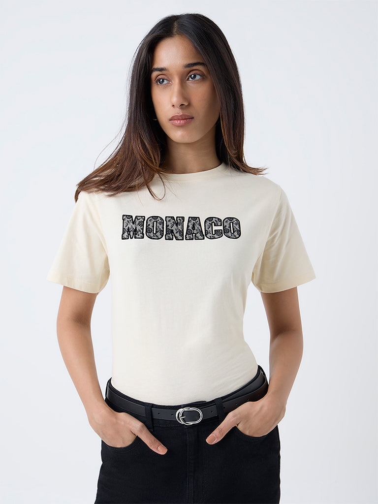 LOV Cream Typographic Cotton T-Shirt