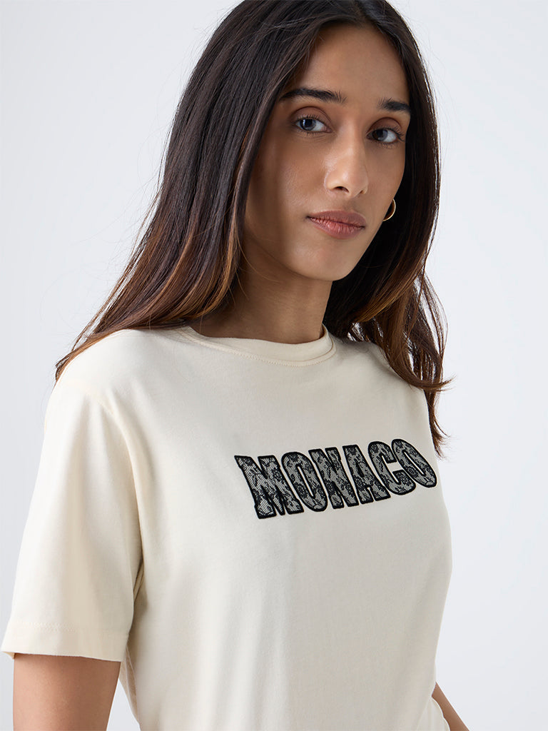 LOV Cream Typographic Cotton T-Shirt - Image 3