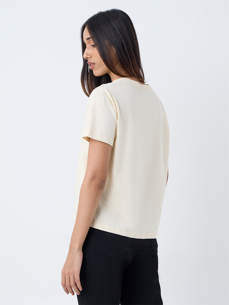 LOV Cream Typographic Cotton T-Shirt - Image 4