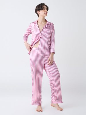 Wunderlove Pink Striped Satin Shirt with Pyjamas Set