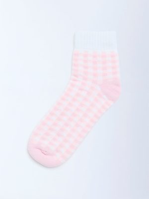 Wunderlove Pink Gingham Printed Cotton-Blend Ankle Socks