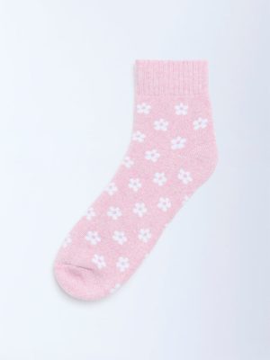 Wunderlove Pink Floral Printed Cotton-Blend Ankle Socks