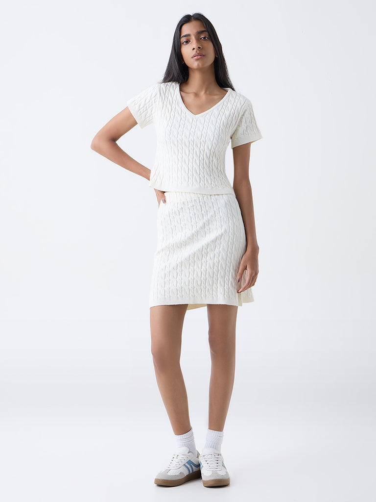 Studiofit Off-White Cable Knitted High-Rise Skirt
