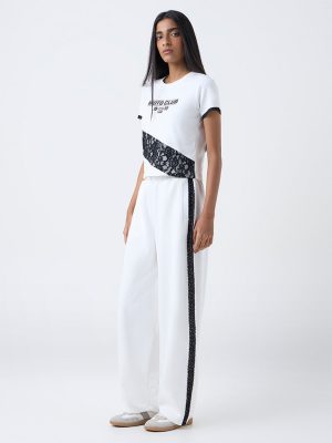 Studiofit White Lace-Detailed High-Rise Pants