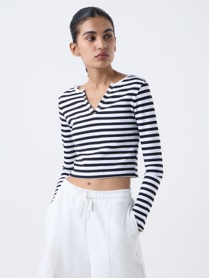 Studiofit Black Striped Cotton-Blend Henley T-Shirt