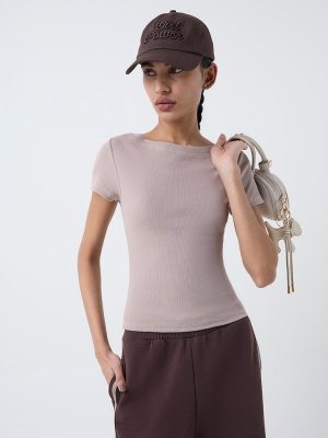 Studiofit Taupe Ribbed-Textured Cotton-Blend T-Shirt