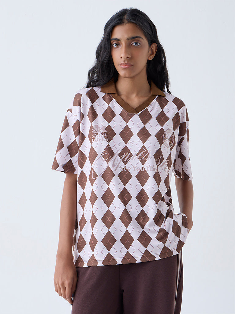 Studiofit Brown Argyle Pattern T-Shirt