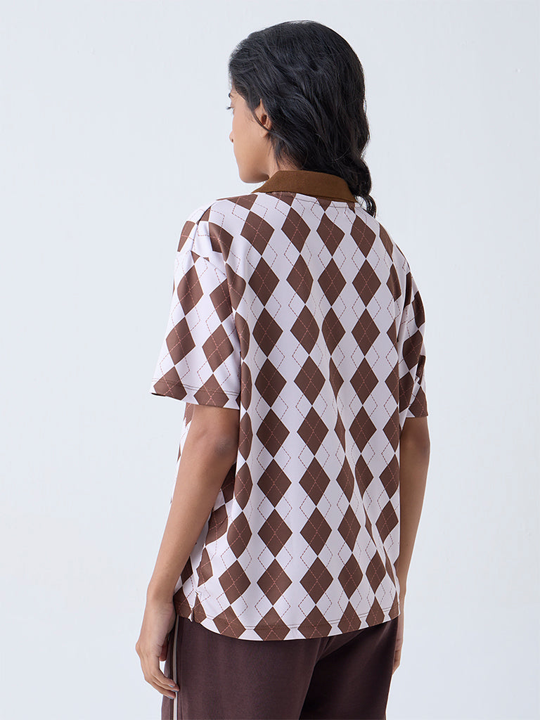 Studiofit Brown Argyle Pattern T-Shirt - Image 4