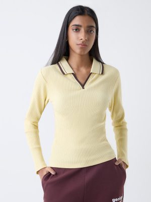 Studiofit Light Yellow Ribbed Cotton-Blend T-Shirt