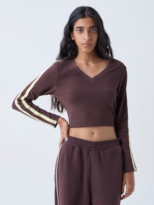 Studiofit Dark Brown Ribbed Stripe-Detailed T-Shirt