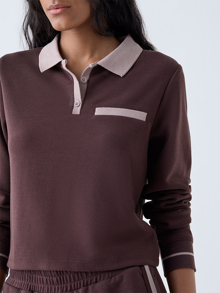 Studiofit Dark Brown Ribbed T-Shirt - Image 3