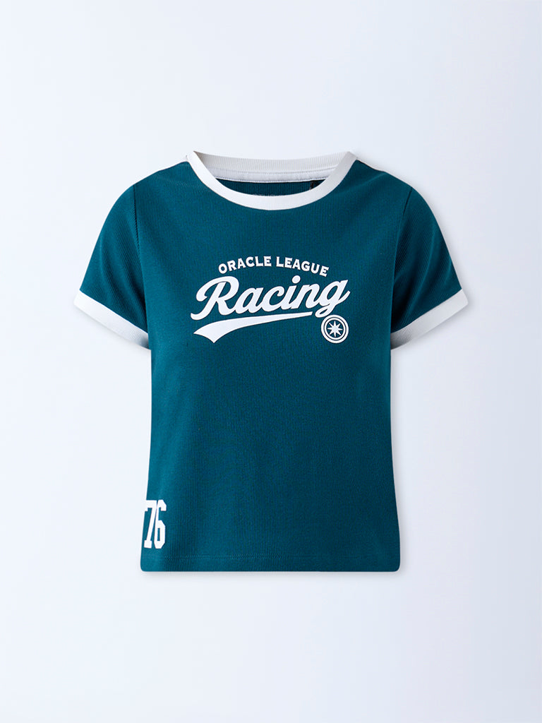 Studiofit Teal Text Printed Cotton-Blend T-Shirt - Image 5