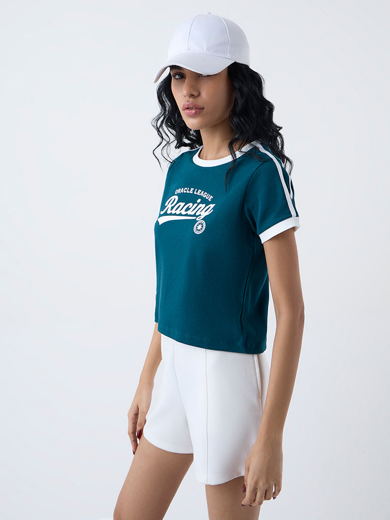 Studiofit Teal Text Printed Cotton-Blend T-Shirt - Image 2