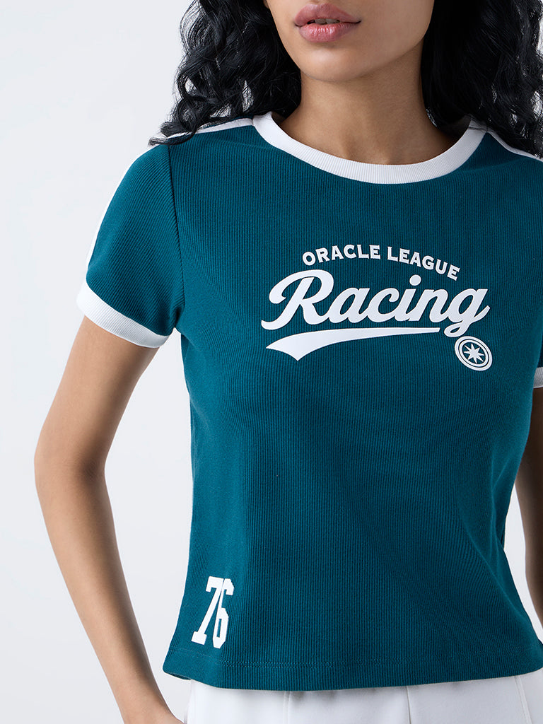 Studiofit Teal Text Printed Cotton-Blend T-Shirt - Image 3