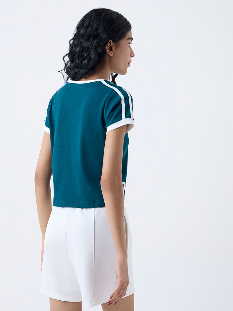 Studiofit Teal Text Printed Cotton-Blend T-Shirt - Image 4