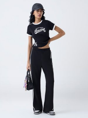 Studiofit Black Text Printed Cotton-Blend T-Shirt