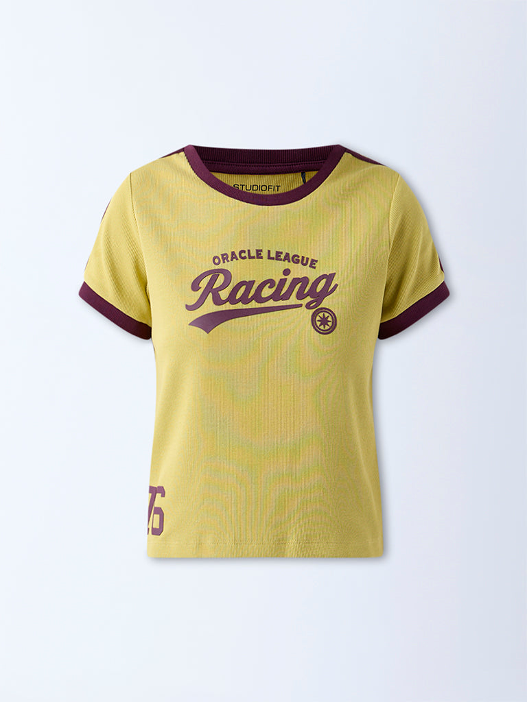 Studiofit Mustard Typographic Cotton-Blend T-Shirt - Image 5